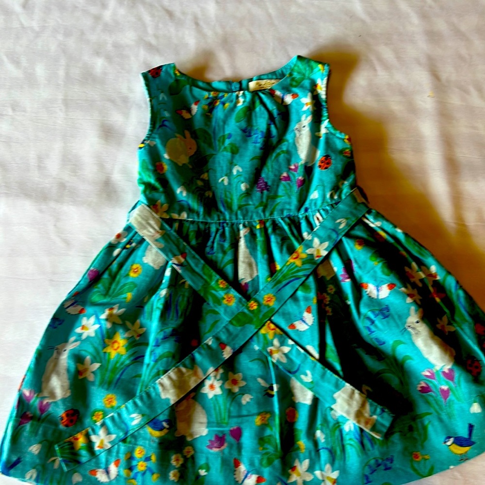 Blue dress with white bunnies and bluebirds and flowers, and a ladybug.
